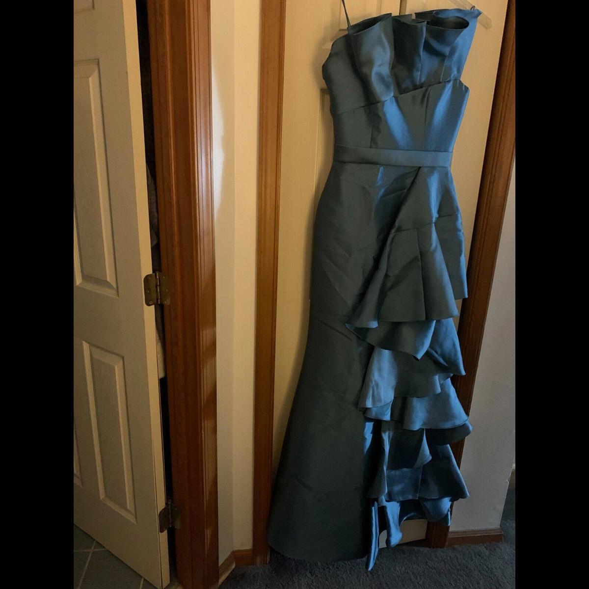 Badgley Mischka Womens One Shoulder Asymmetrical Ruffle Gown Teal Small $950